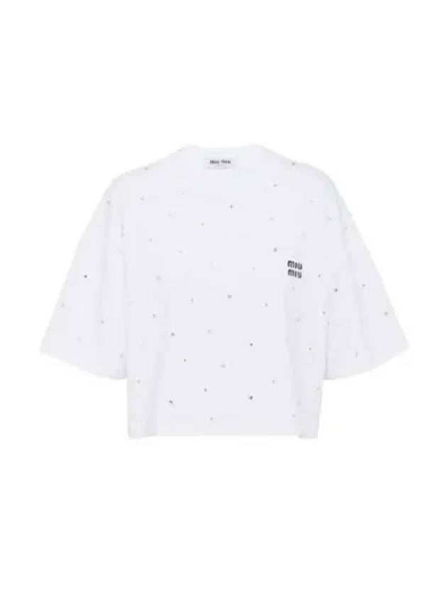 Embroidered Logo Crop Cotton Short Sleeved T-shirt White - MIU MIU - BALAAN 2