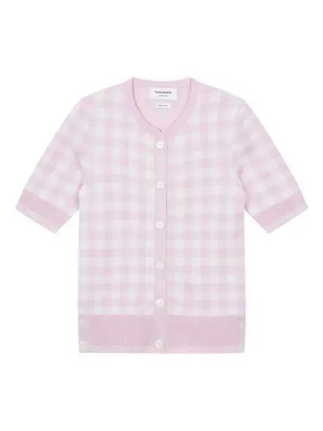 T shirt Women Gingham Silk Jacquard Pattern Short Sleeve Cardigan Light Pink - THOM BROWNE - BALAAN 1