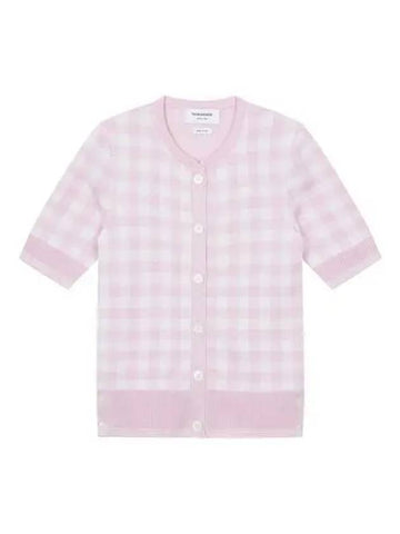 T shirt Women Gingham Silk Jacquard Pattern Short Sleeve Cardigan Light Pink - THOM BROWNE - BALAAN 1