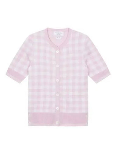 T shirt Women Gingham Silk Jacquard Pattern Short Sleeve Cardigan Light Pink - THOM BROWNE - BALAAN 1