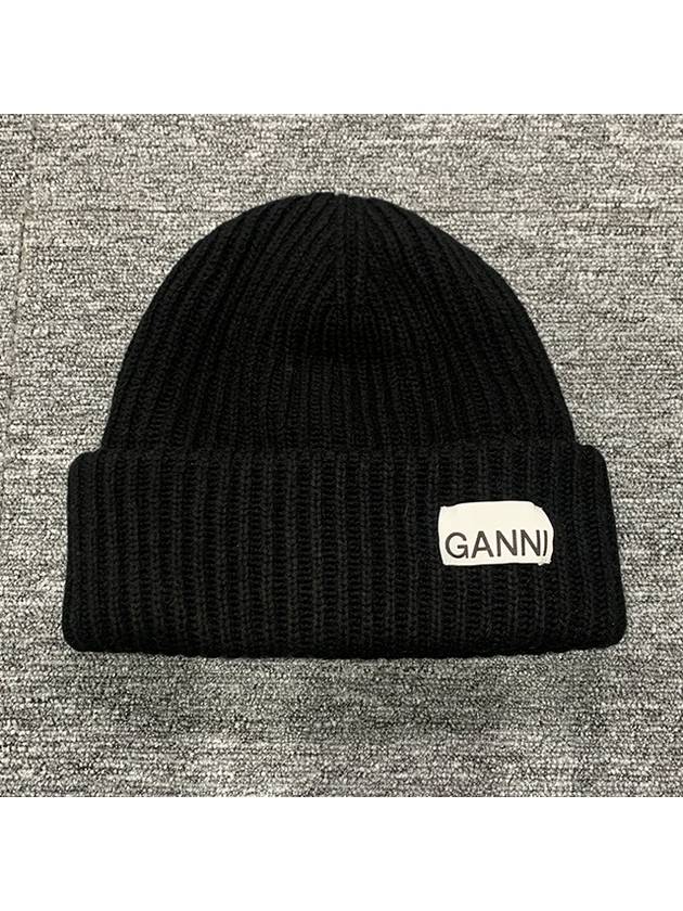 Logo Patch Knit Beanie Black - GANNI - BALAAN 3