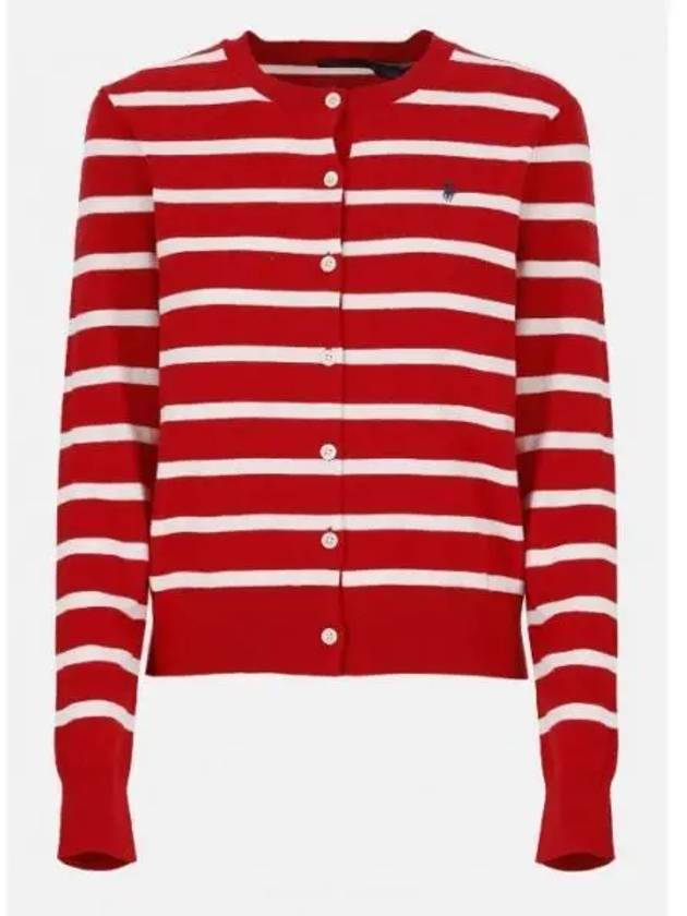 Embroidery  Logo Striped Crew Neck Cardigan Red - POLO RALPH LAUREN - BALAAN 2