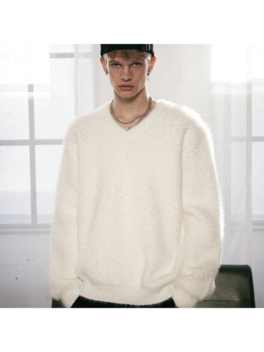 Angora V-neck over knit white - TENER - BALAAN 1