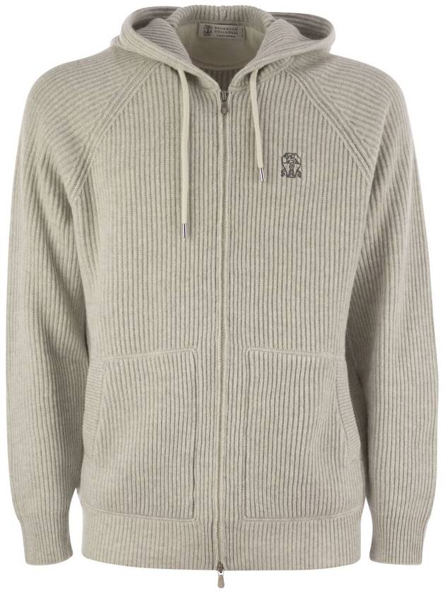 Logo embroidered cashmere hooded jacket light gray - BRUNELLO CUCINELLI - BALAAN 2