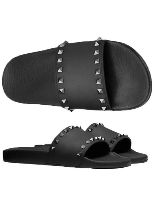 Rockstud Sandals Slippers Black - VALENTINO - BALAAN.