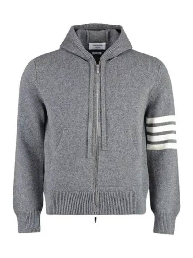 Men's Intarsia 4 Bar Merino Jersey Hooded Zip Up Medium Grey - THOM BROWNE - BALAAN 2