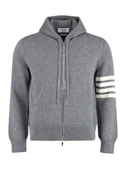 Men's Intarsia 4 Bar Merino Jersey Hooded Zip Up Medium Grey - THOM BROWNE - BALAAN 2