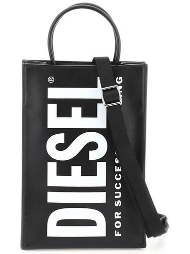 Logo Leather Medium Shopper Tote Bag Black - DIESEL - BALAAN 1