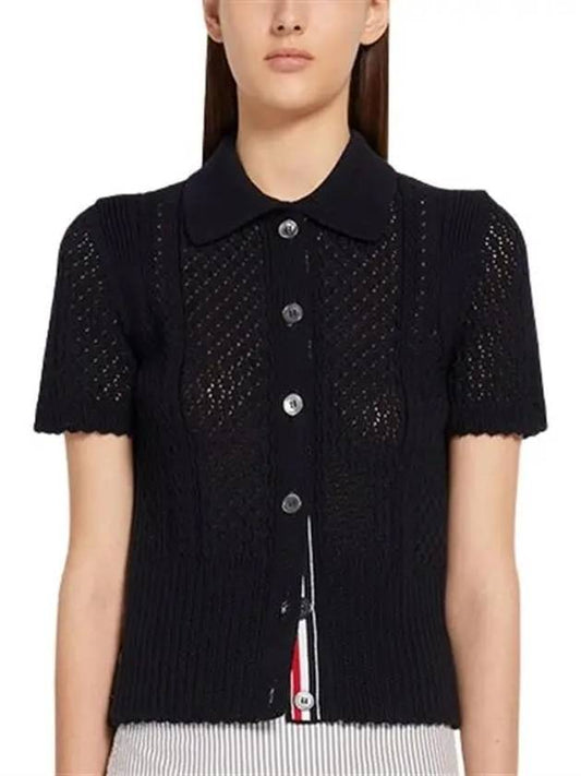 Women's Cotton Pointelle Cable Knit Short Sleeve Cardigan Navy - THOM BROWNE - BALAAN 2