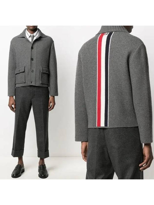Men's Gray Intarsia Center Back Stripe Sustainable Voile Wool Jacket - THOM BROWNE - BALAAN.