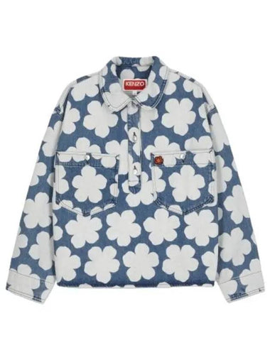 Poppy Print Denim Overshirt Blue White - KENZO - BALAAN 1