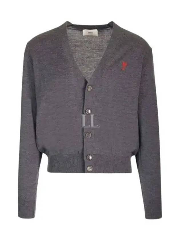 Red Heart Logo Merino Wool Cardigan Heather Grey - AMI - BALAAN 2