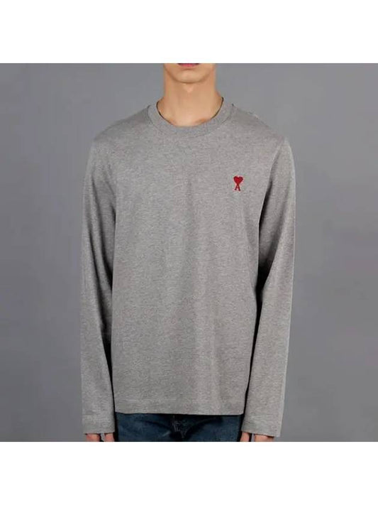 Chain Stitch Heart Logo Long Sleeve T-Shirt Heather Grey - AMI - BALAAN 2