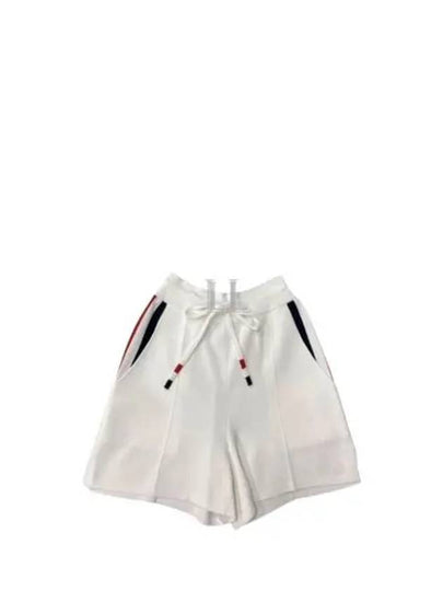 Stretch Viscose Intarsia Side Stripe Pintuck Shorts White - THOM BROWNE - BALAAN 2