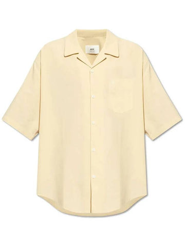 Embroidered Logo Cotton Short Sleeve Shirt Cream - AMI - BALAAN 1