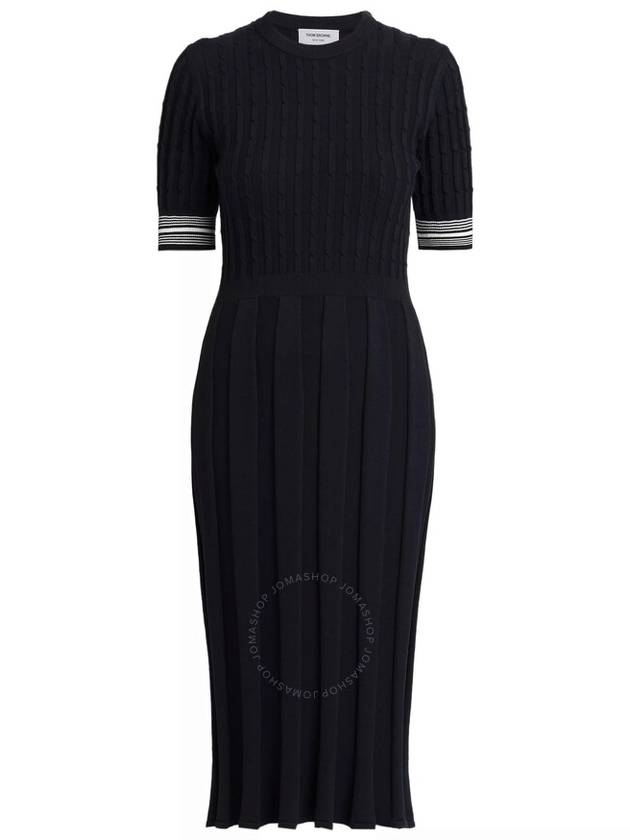 Cotton Pleated Cricket Striped Cable Midi Dress Navy - THOM BROWNE - BALAAN 2