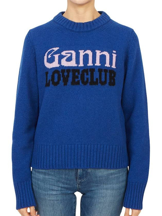 Logo Intarsia Crew Neck Knit Top Blue - GANNI - BALAAN 2