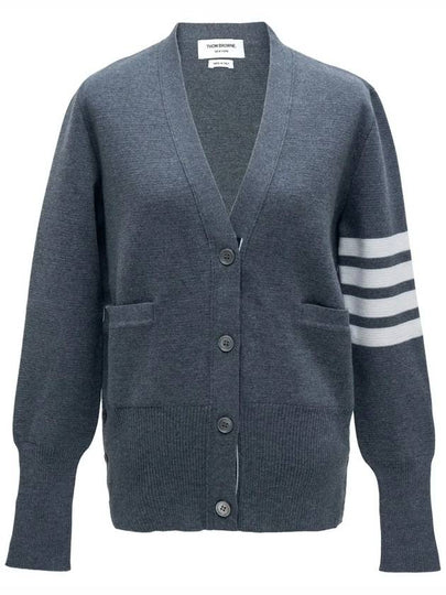 Milano Stitch 4 Bar Classic V Neck Fine Merino Wool Cardigan Medium Grey - THOM BROWNE - BALAAN 2