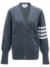 Milano Stitch 4 Bar Classic V Neck Fine Merino Wool Cardigan Medium Grey - THOM BROWNE - BALAAN 3