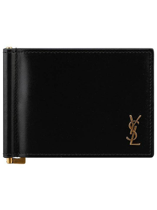 Tiny Cassandre Gold Monogram Logo Money Clip Card Wallet Black - SAINT LAURENT - BALAAN 1