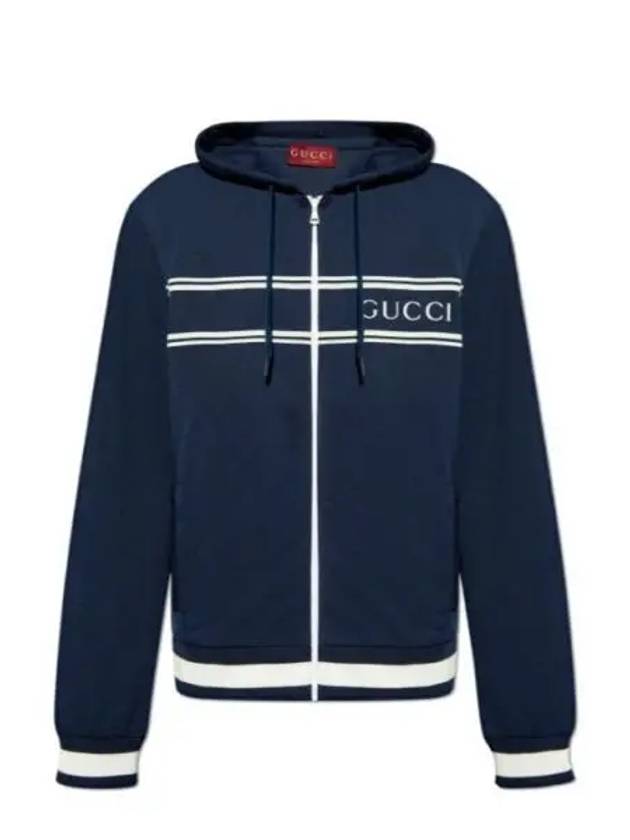 Logo Stripe Print Zip Up Hoodie Midnight Blue - GUCCI - BALAAN 2