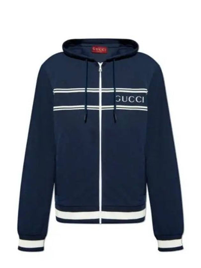 Logo Stripe Print Zip Up Hoodie Midnight Blue - GUCCI - BALAAN 2