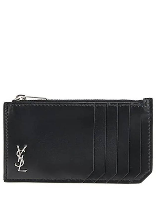 Tiny Cassandre Fragments Silver Hardware Leather Zipper Card Wallet Black - SAINT LAURENT - BALAAN 2