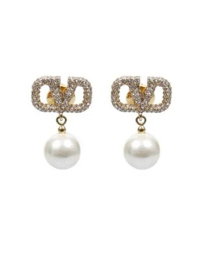 Swarovski Pearl V Logo Earrings Gold - VALENTINO - BALAAN 2