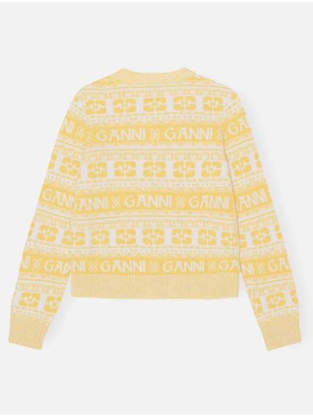 Intarsia Logo Wool V-Neck Cardigan Yellow - GANNI - BALAAN 3