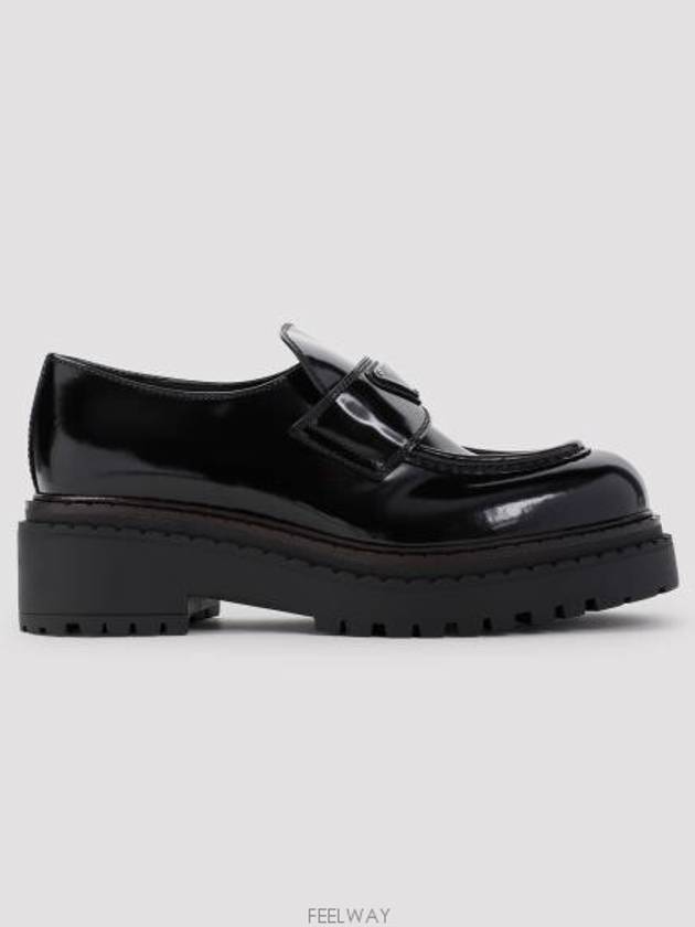 Chocolate Brushed Leather Heeled Loafers Black - PRADA - BALAAN 5