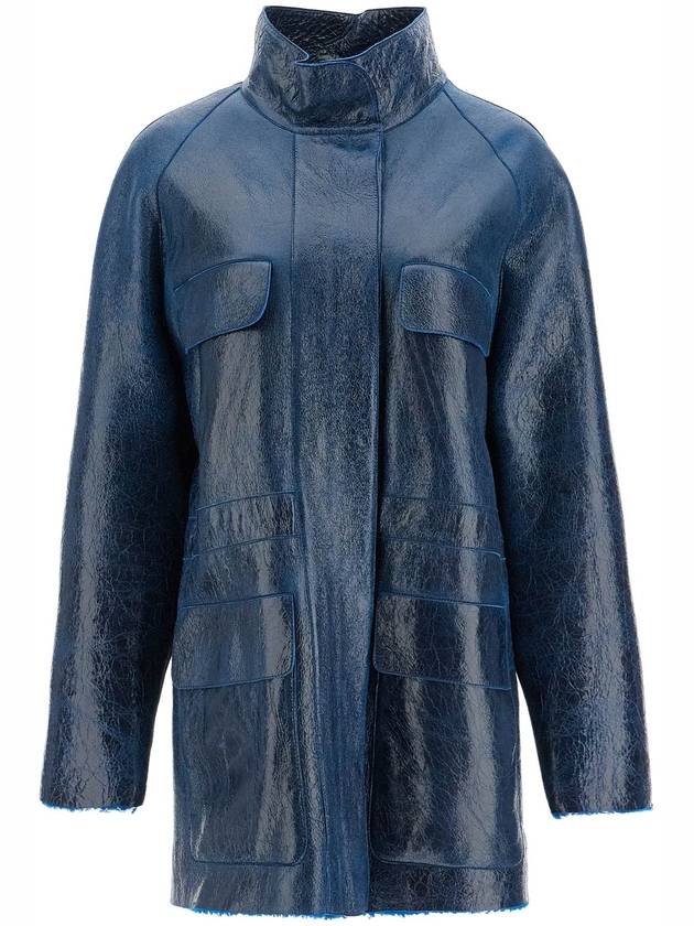 High Neck Leather Jacket Dark Blue - FENDI - BALAAN 2