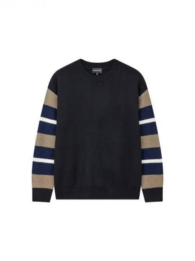 Men s Striped Sleeve Wool Knit Navy 270525 - EMPORIO ARMANI - BALAAN 1