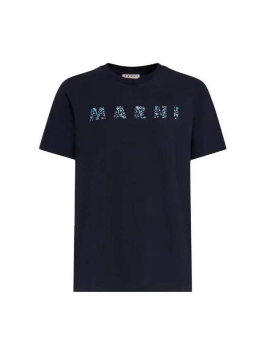 Logo Print Crew Neck Cotton Short Sleeve T-shirt Navy - MARNI - BALAAN 2