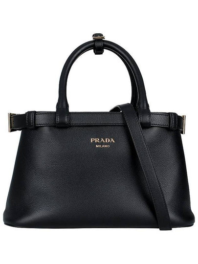 Double Belt Buckle Large Leather Handles Tote Bag Black - PRADA - BALAAN 2