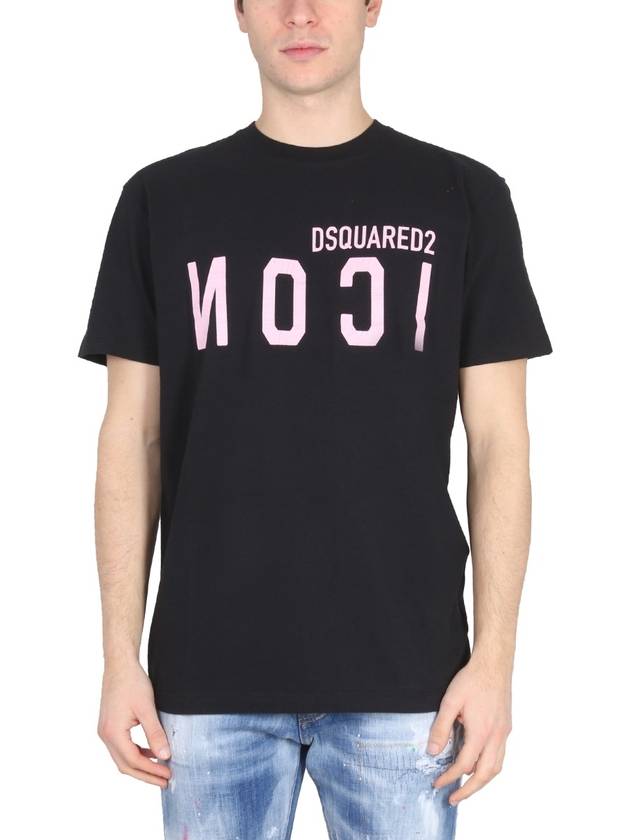 Men's Icon Logo Pink Print Short Sleeve T-Shirt Black - DSQUARED2 - BALAAN 2