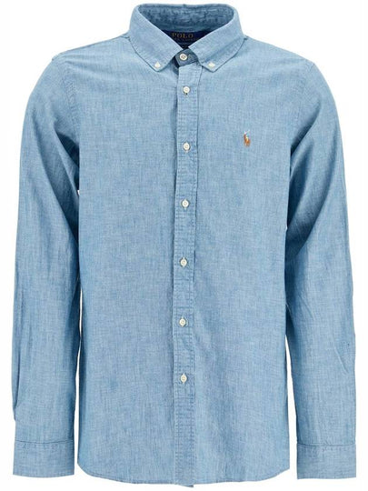 Men's Embroidered Logo Custom Fit Chambray Long Sleeve Shirt Blue - POLO RALPH LAUREN - BALAAN 2