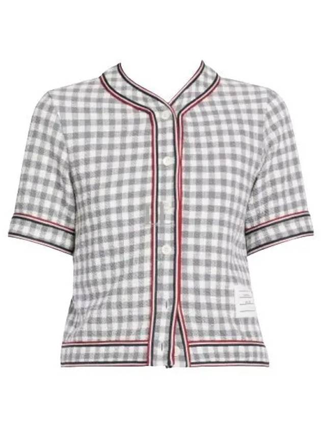 Women's Gingham Stripe Trimmed Short Sleeve Cardigan Medium Grey - THOM BROWNE - BALAAN 2