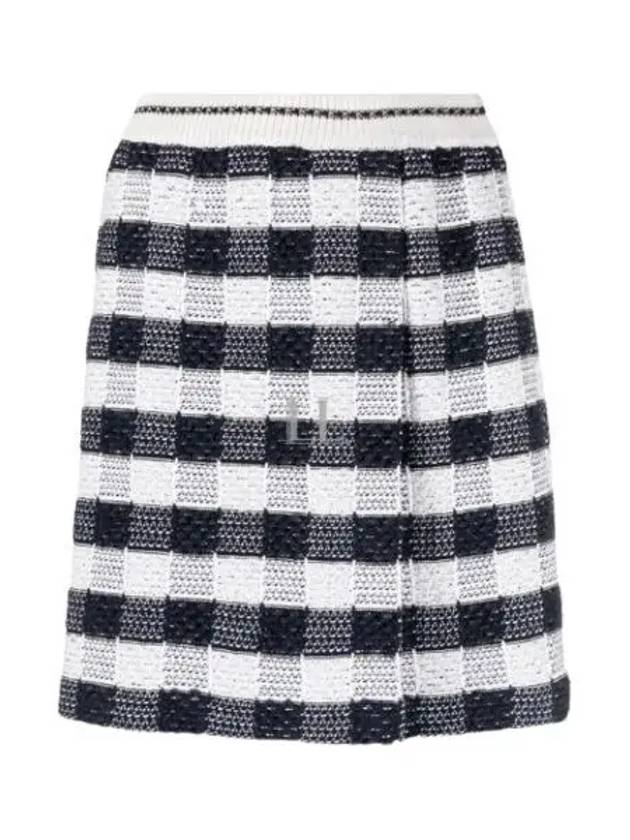 Gingham Inlay Stripe Side Pleat Skirt Navy - THOM BROWNE - BALAAN 2