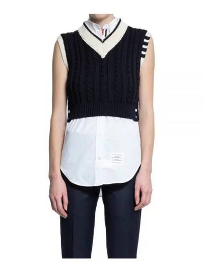 Classic Cable 4 Bar V Neck Vest Navy - THOM BROWNE - BALAAN 2