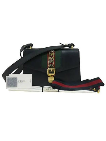 421882 Gucci Sylvie Black Leather Ribbon Tote Strap Shoulder Bag - GUCCI - BALAAN 1