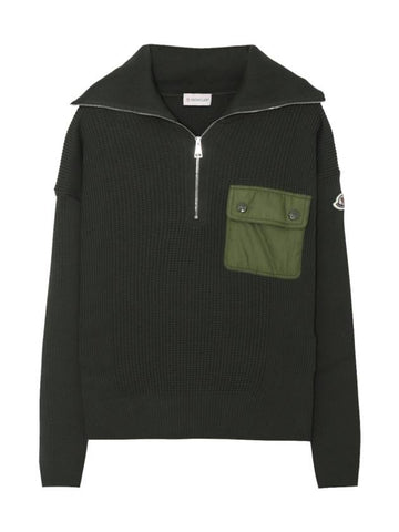 Logo Patch Half Zip-Up Knit Top Olive - MONCLER - BALAAN 1