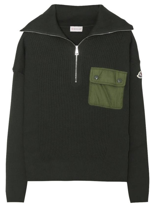 Logo Patch Half Zip-Up Knit Top Olive - MONCLER - BALAAN 1