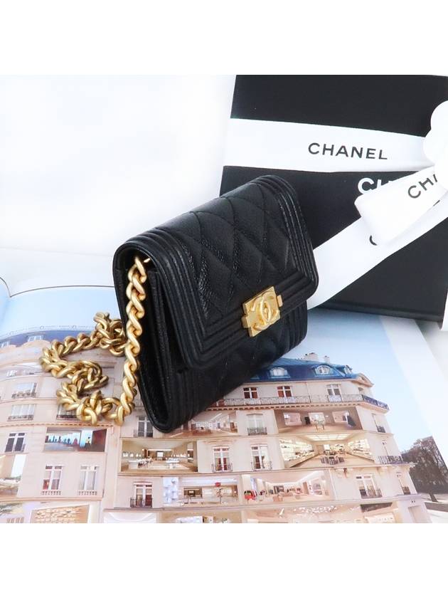 Boy Gold Logo Chain Caviar Card Wallet Black - CHANEL - BALAAN 4