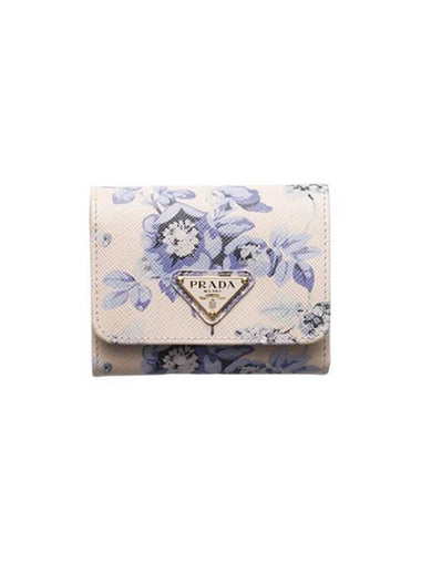 Small Printed Saffiano Leather Half Wallet Periwinkle Blue - PRADA - BALAAN 1