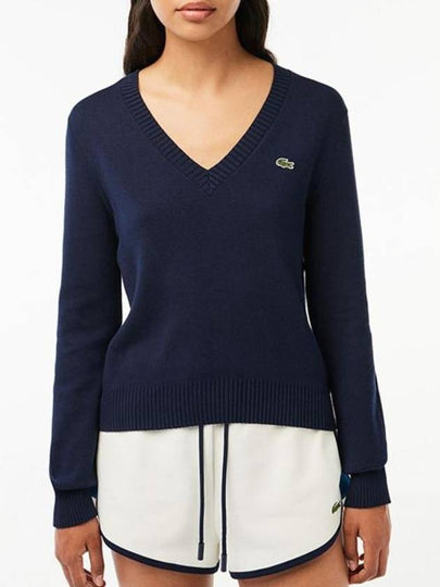 Cotton V Neck Knit Top Midnight Blue - LACOSTE - BALAAN 2