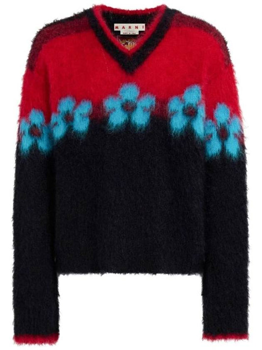Floral Motif Brushed Effect Knit Top Black Red - MARNI - BALAAN 1
