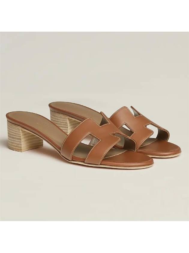 Oasis Calfskin Slipper Heels Gold Piqures Ecrues - HERMES - BALAAN 3