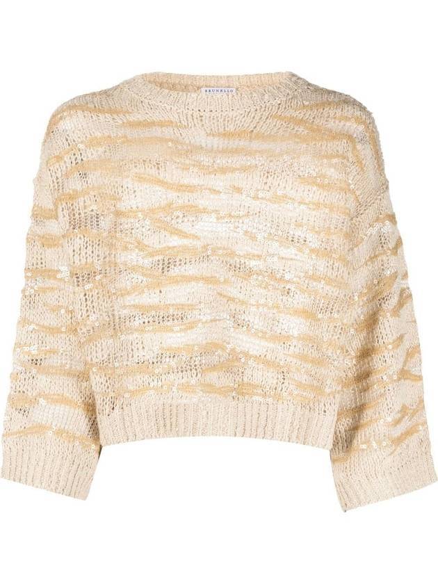 Sequin Mesh Crop Knit Top Beige - BRUNELLO CUCINELLI - BALAAN 1