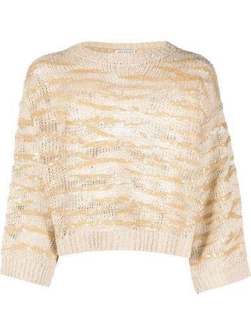 Sequin Mesh Crop Knit Top Beige - BRUNELLO CUCINELLI - BALAAN 1