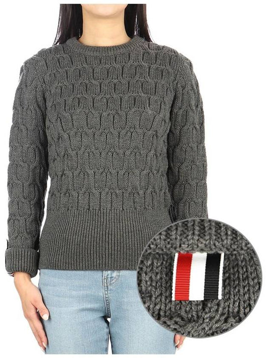 Merino Crisscross Cable Stitch Crewneck Knit Top Grey - THOM BROWNE - BALAAN 2